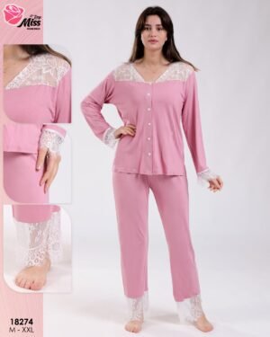 Rose Miss Pyjama boutonné dentelle – Réf 18274 – Rose