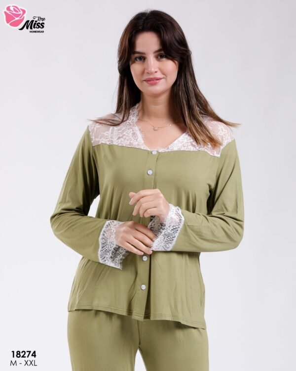Rose Miss Pyjama boutonné dentelle – Réf 18274 – Vert olive