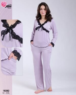 Rose Miss Pyjama dentelle noire nœud – Réf 18282 – Lilas