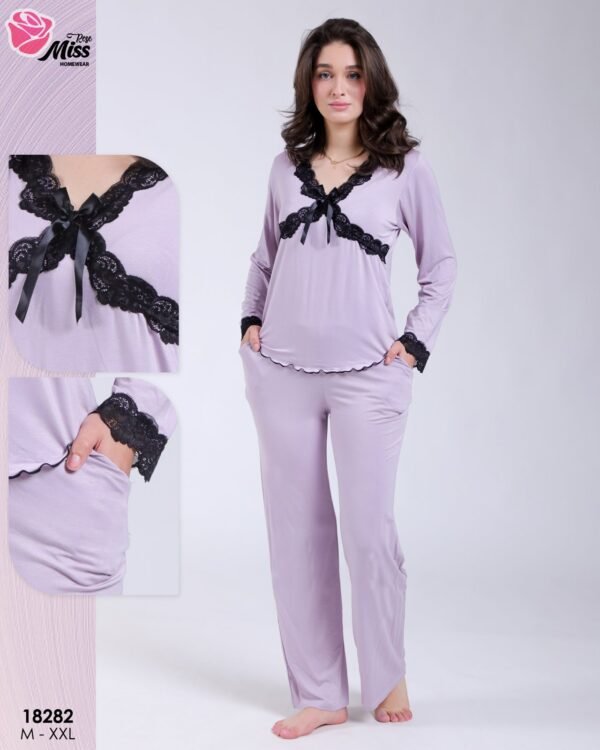 Rose Miss Pyjama dentelle noire nœud – Réf 18282 – Lilas