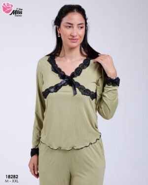 Rose Miss Pyjama dentelle noire nœud – Réf 18282 – Vert olive