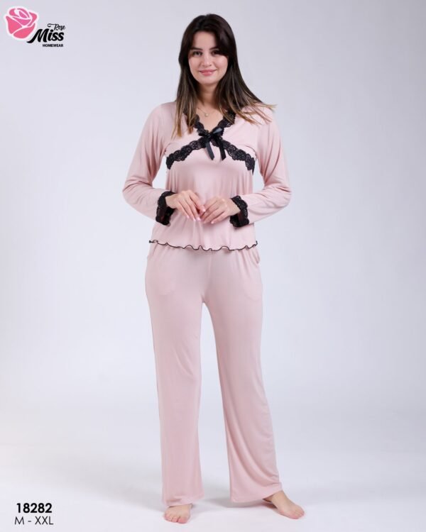 Rose Miss Pyjama dentelle noire nœud – Réf 18282 – Rose pâle