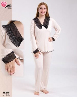 Rose Miss Pyjama col dentelle noire – Réf 18299 – Écru Rose Miss Pyjama col dentelle noire – Réf 18299 – Écru