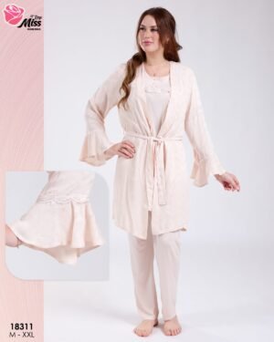 Rose Miss Ensemble pyjama et peignoir volants 3 pièces – Réf 18311 – Beige rosé