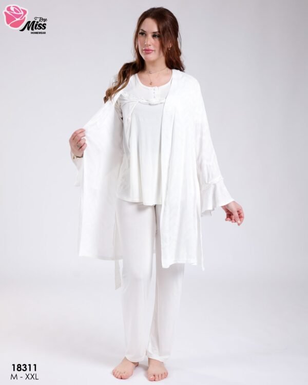 Rose Miss Ensemble pyjama et peignoir volants 3 pièces – Réf 18311 – Blanc