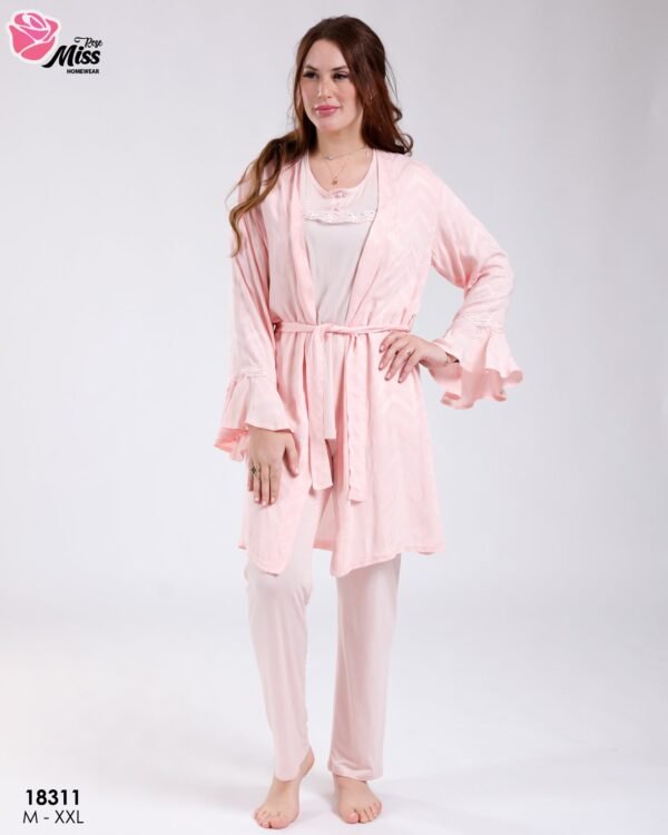 Rose Miss Ensemble pyjama et peignoir volants 3 pièces – Réf 18311 – Rose