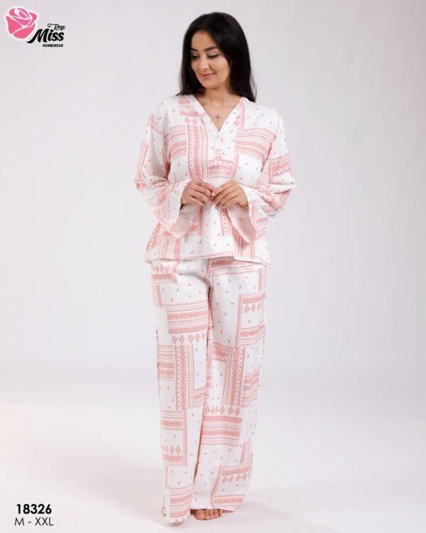 Rose Miss Pyjama ample imprimé – Réf 18326 – Blanc et corail