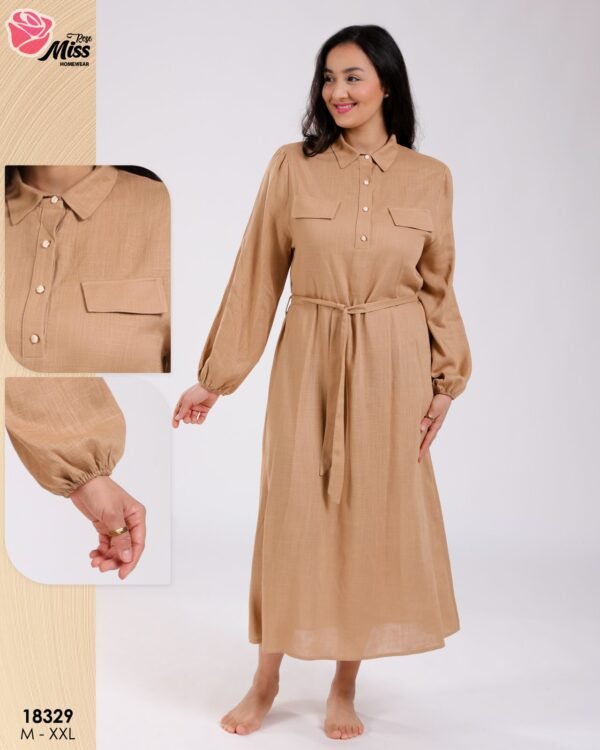 Rose Miss Robe longue chemise ceinturée – Réf 18329 – Camel