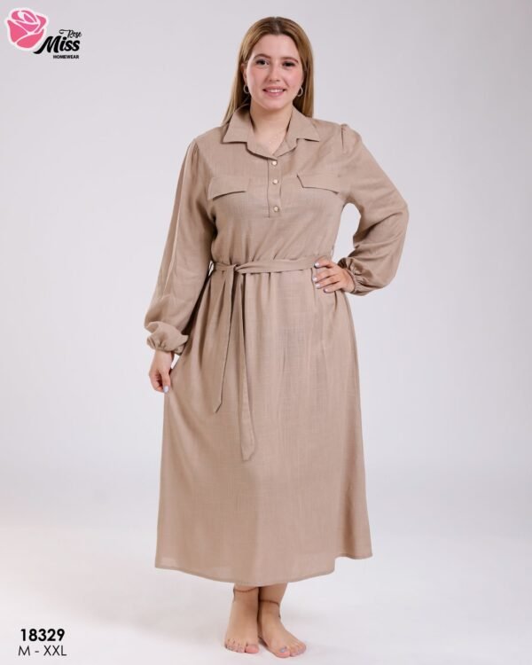 Rose Miss Robe longue chemise ceinturée – Réf 18329 – Beige
