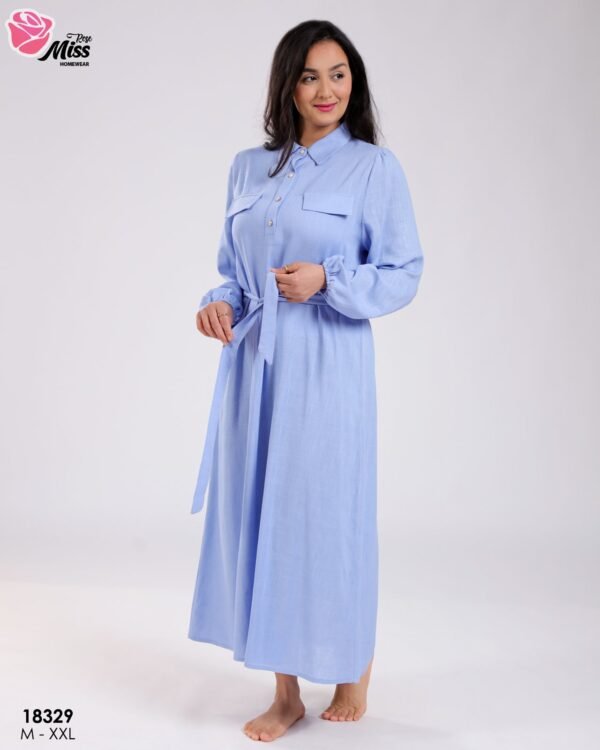 Rose Miss Robe longue chemise ceinturée – Réf 18329 – Bleu ciel