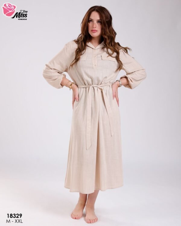 Rose Miss Robe longue chemise ceinturée – Réf 18329 – Écru