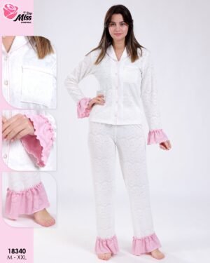 Rose Miss Pyjama chemise jacquard volants – Réf 18340 – Écru et rose Rose Miss Pyjama chemise jacquard volants – Réf 18340 – Écru et rose