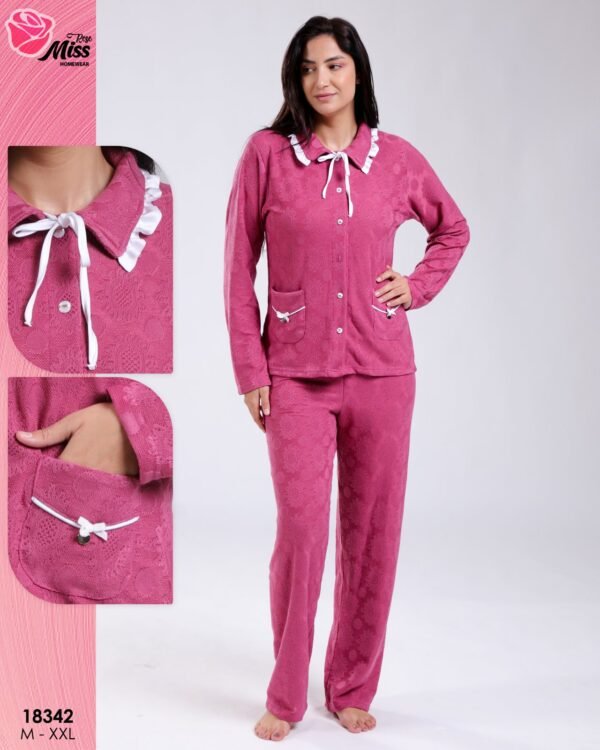 Rose Miss Pyjama jacquard col volanté nœuds – Réf 18342 – Framboise