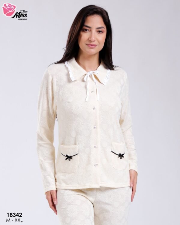 Rose Miss Pyjama jacquard col volanté nœuds – Réf 18342 – Écru
