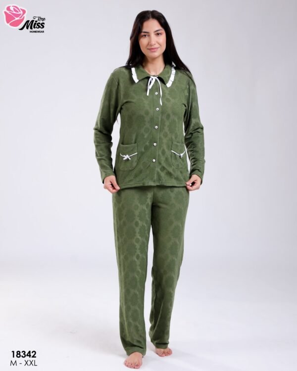Rose Miss Pyjama jacquard col volanté nœuds – Réf 18342 – Vert olive