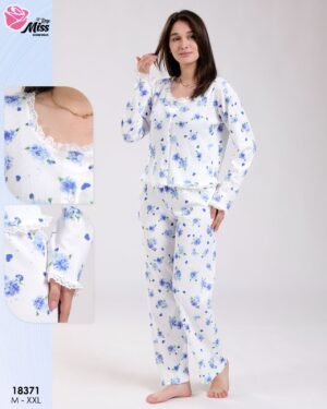 Rose Miss Pyjama côtelé fleuri dentelle – Réf 18371 – Blanc et bleu