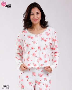 Rose Miss Pyjama côtelé fleuri dentelle – Réf 18371 – Blanc et corail