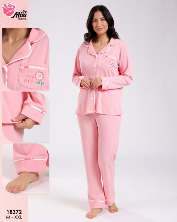 Rose Miss Pyjama chemise côtelé brodé – Réf 18372 – Rose