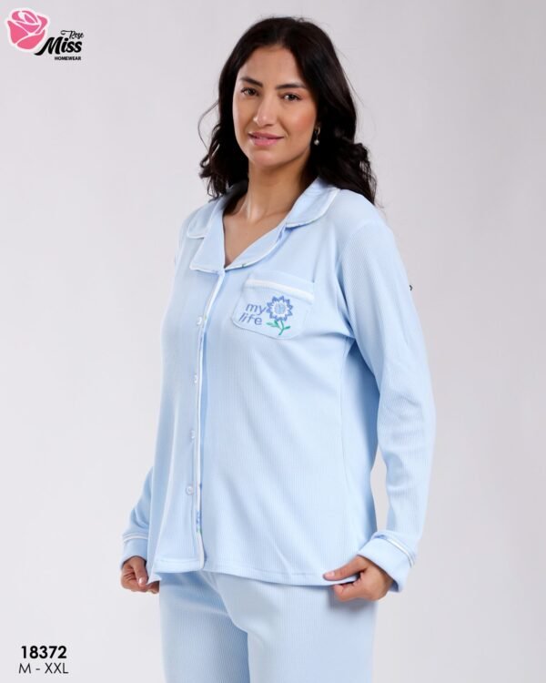 Rose Miss Pyjama chemise côtelé brodé – Réf 18372 – Bleu ciel
