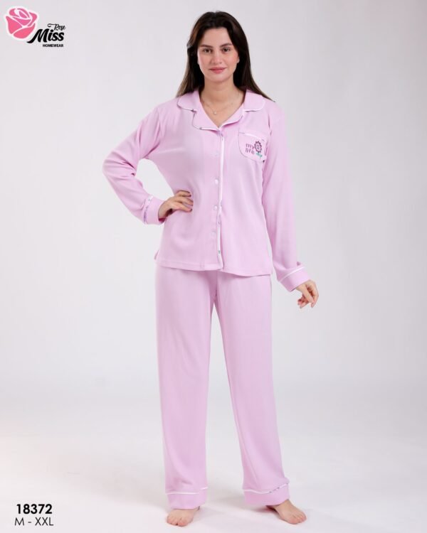 Rose Miss Pyjama chemise côtelé brodé – Réf 18372 – Lilas