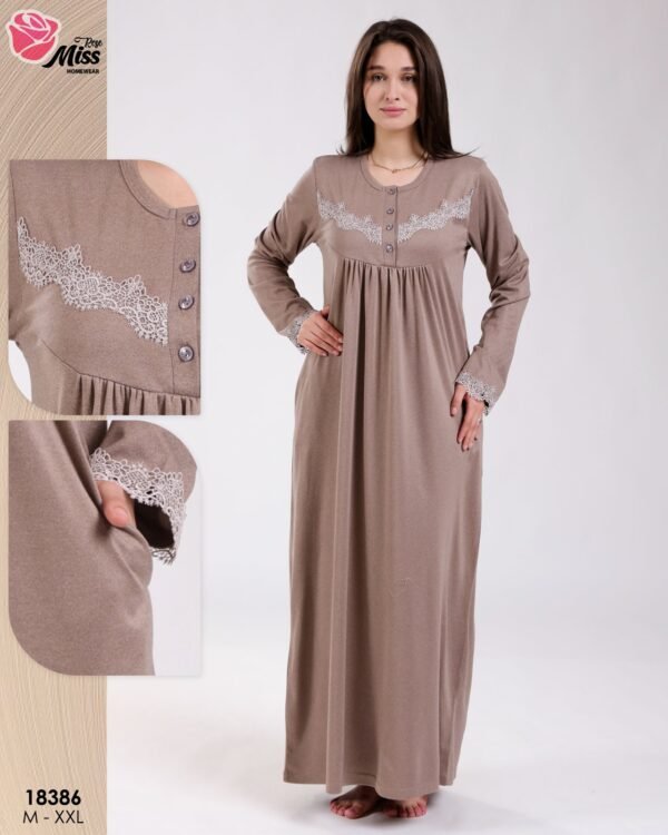 Rose Miss Chemise de nuit longue dentelle – Réf 18386 – Taupe