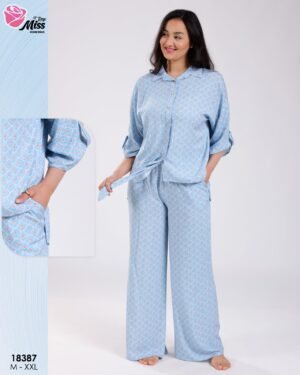 Rose Miss Ensemble chemise et pantalon large imprimé – Réf 18387 – Bleu ciel