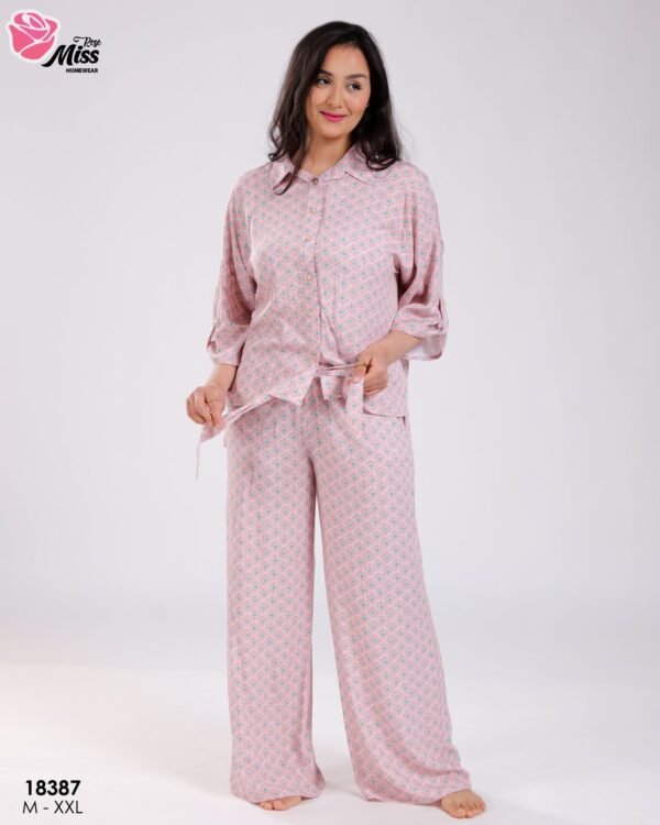 Rose Miss Ensemble chemise et pantalon large imprimé – Réf 18387 – Rose