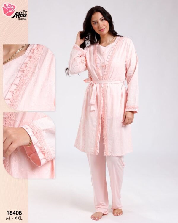 Rose Miss Ensemble pyjama et peignoir dentelle 3 pièces – Réf 18408 – Rose