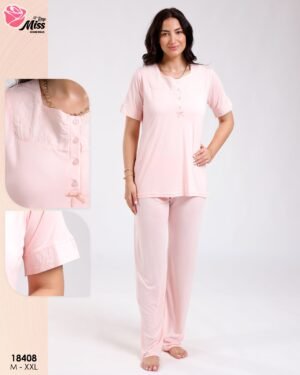 Rose Miss Ensemble pyjama et peignoir dentelle 3 pièces – Réf 18408 – Rose pâle