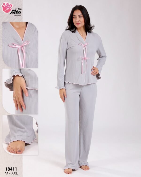 Rose Miss Pyjama côtelé nœuds volants – Réf 18411 – Gris