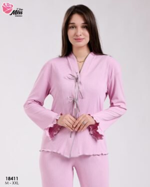 Rose Miss Pyjama côtelé nœuds volants – Réf 18411 – Rose