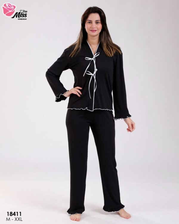 Rose Miss Pyjama côtelé nœuds volants – Réf 18411 – Noir