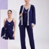 Rose Miss Pyjama 3 pièces côtelé dentelle avec gilet – Réf 18415 – Bleu marine