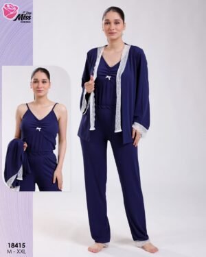Rose Miss Pyjama 3 pièces côtelé dentelle avec gilet – Réf 18415 – Bleu marine