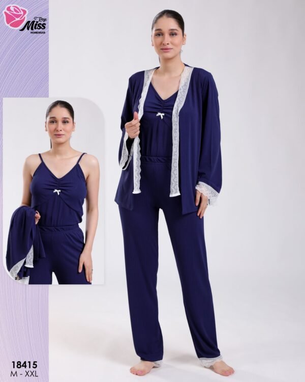 Rose Miss Pyjama 3 pièces côtelé dentelle avec gilet – Réf 18415 – Bleu marine