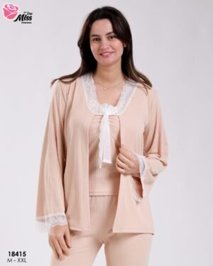 Rose Miss Pyjama 3 pièces côtelé dentelle avec gilet – Réf 18415 – Beige