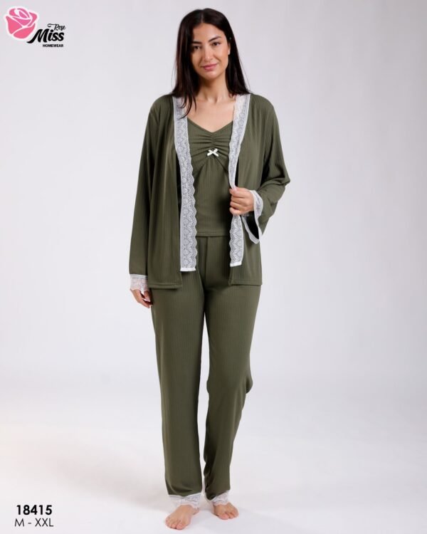 Rose Miss Pyjama 3 pièces côtelé dentelle avec gilet – Réf 18415 – Vert olive