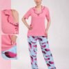 Rose Miss Pyjama manches courtes pantalon plumes – Réf 18421 – Rose et bleu ciel