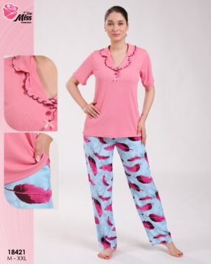 Rose Miss Pyjama manches courtes pantalon plumes – Réf 18421 – Rose et bleu ciel