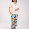 Rose Miss Pyjama manches courtes pantalon plumes – Réf 18421 – Écru et camel