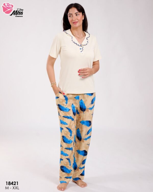 Rose Miss Pyjama manches courtes pantalon plumes – Réf 18421 – Écru et camel