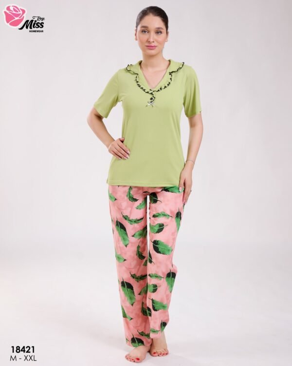 Rose Miss Pyjama manches courtes pantalon plumes – Réf 18421 – Vert anis et rose