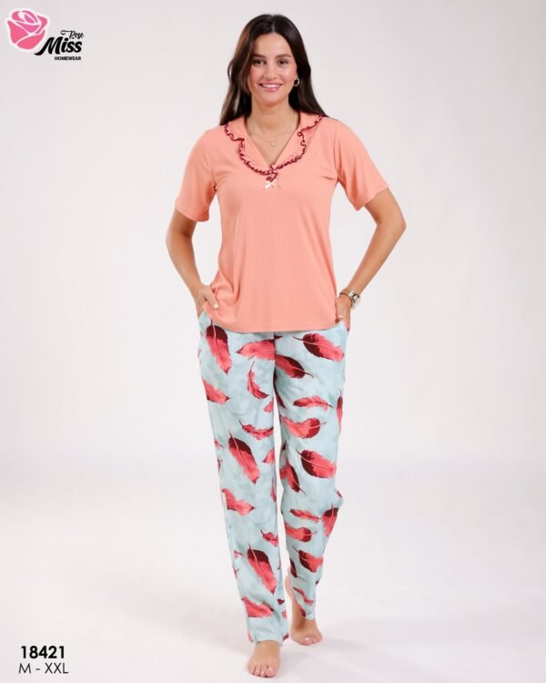 Rose Miss Pyjama manches courtes pantalon plumes – Réf 18421 – Pêche et vert d'eau