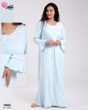 Rose Miss Chemise de nuit longue col dentelle – Réf 18426 – Bleu ciel