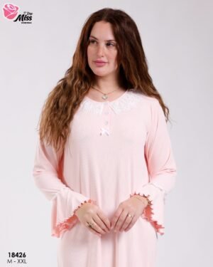 Rose Miss Chemise de nuit longue col dentelle – Réf 18426 – Pêche