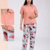 Rose Miss Pyjama chemise manches courtes pantalon plumes – Réf 18427 – Pêche et vert d'eau