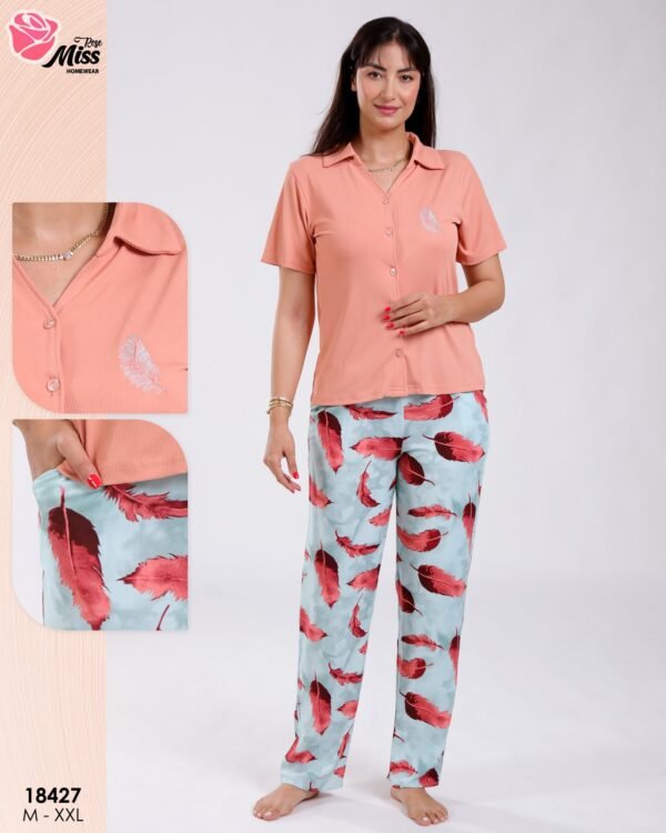 Rose Miss Pyjama chemise manches courtes pantalon plumes – Réf 18427 – Pêche et vert d'eau