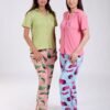 Rose Miss Pyjama chemise manches courtes pantalon plumes – Réf 18427 – Vert anis et rose