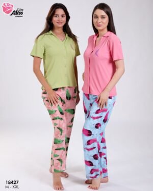 Rose Miss Pyjama chemise manches courtes pantalon plumes – Réf 18427 – Vert anis et rose