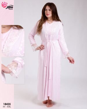 Rose Miss Ensemble robe de nuit longue et peignoir 2 pièces – Réf 18435 – Rose